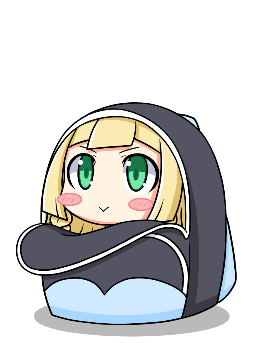 >:>, 1girl, backpack, bag, bangs, blonde_hair, blunt_bangs, blush_stickers