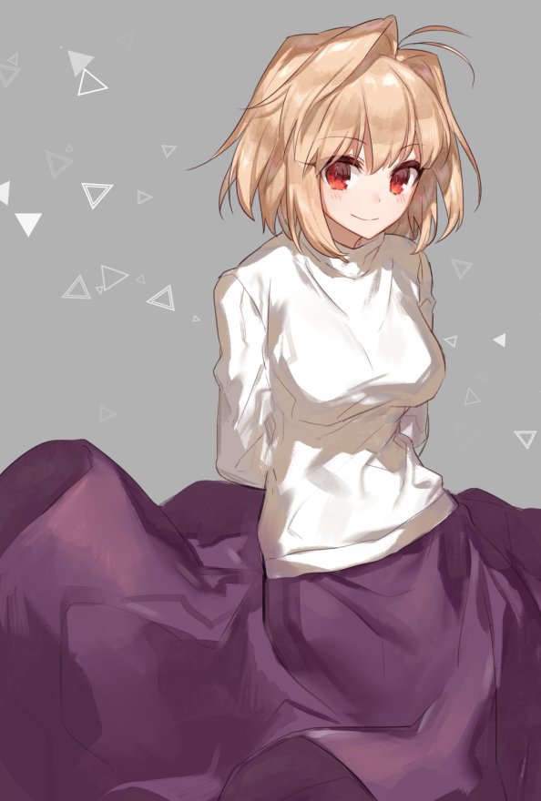 1girl, ahoge, arcueid_brunestud, arms_behind_back, asymmetrical_hair, blonde_hair, breasts, chokoan_(tyokoa4649)