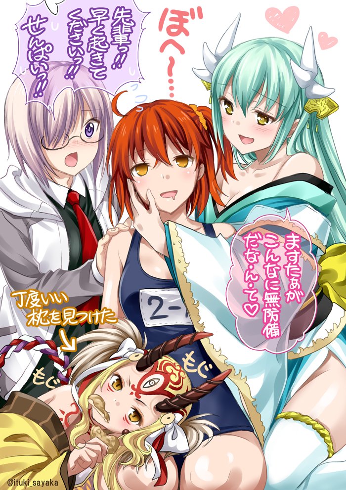 4girls, :d, ahoge, bare_shoulders, blonde_hair, blush, drooling, eating