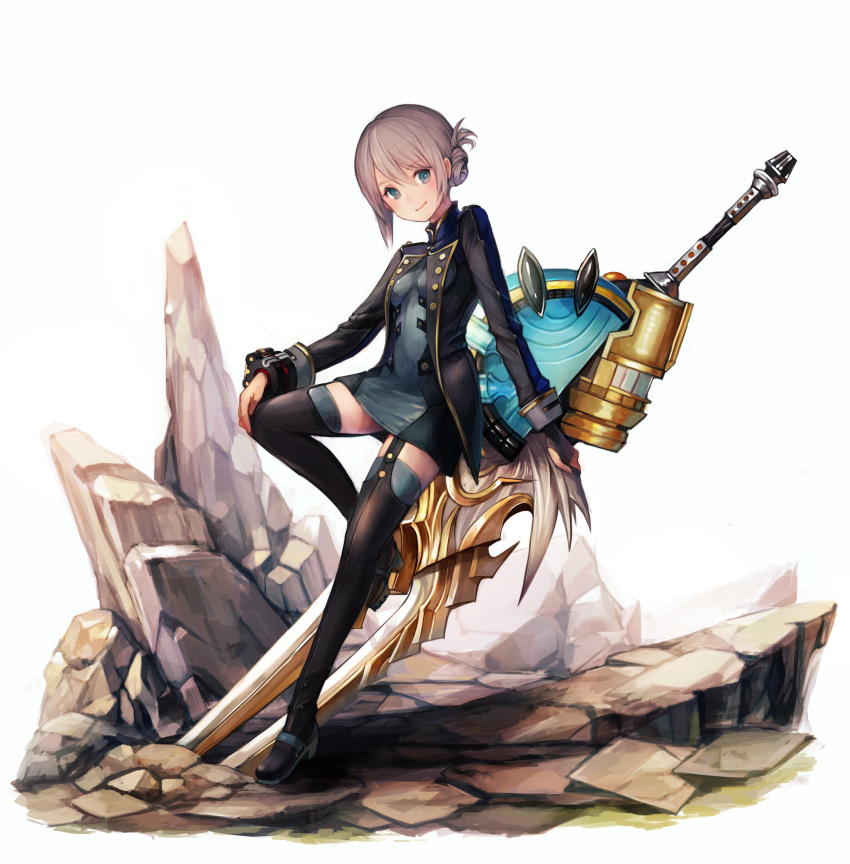 1girl, aka_tonbo_(lovetow), aqua_eyes, asymmetrical_hair, bangs, black_legwear, boots, breasts, closed_mouth, dress, eyebrows_visible_through_hair, fingerless_gloves, garter_straps, gloves, god_eater, god_eater_2:_rage_burst, grey_hair, hair_between_eyes, hand_on_own_knee, highres, leaning_on_object, looking_at_viewer, medium_breasts, military, military_uniform, original, outdoors, short_dress, simple_background, single_fingerless_glove, smile, solo, standing, standing_on_one_leg, sword, thigh-highs, thigh_boots, tonbokko_(tonbo), uniform, weapon, white_background