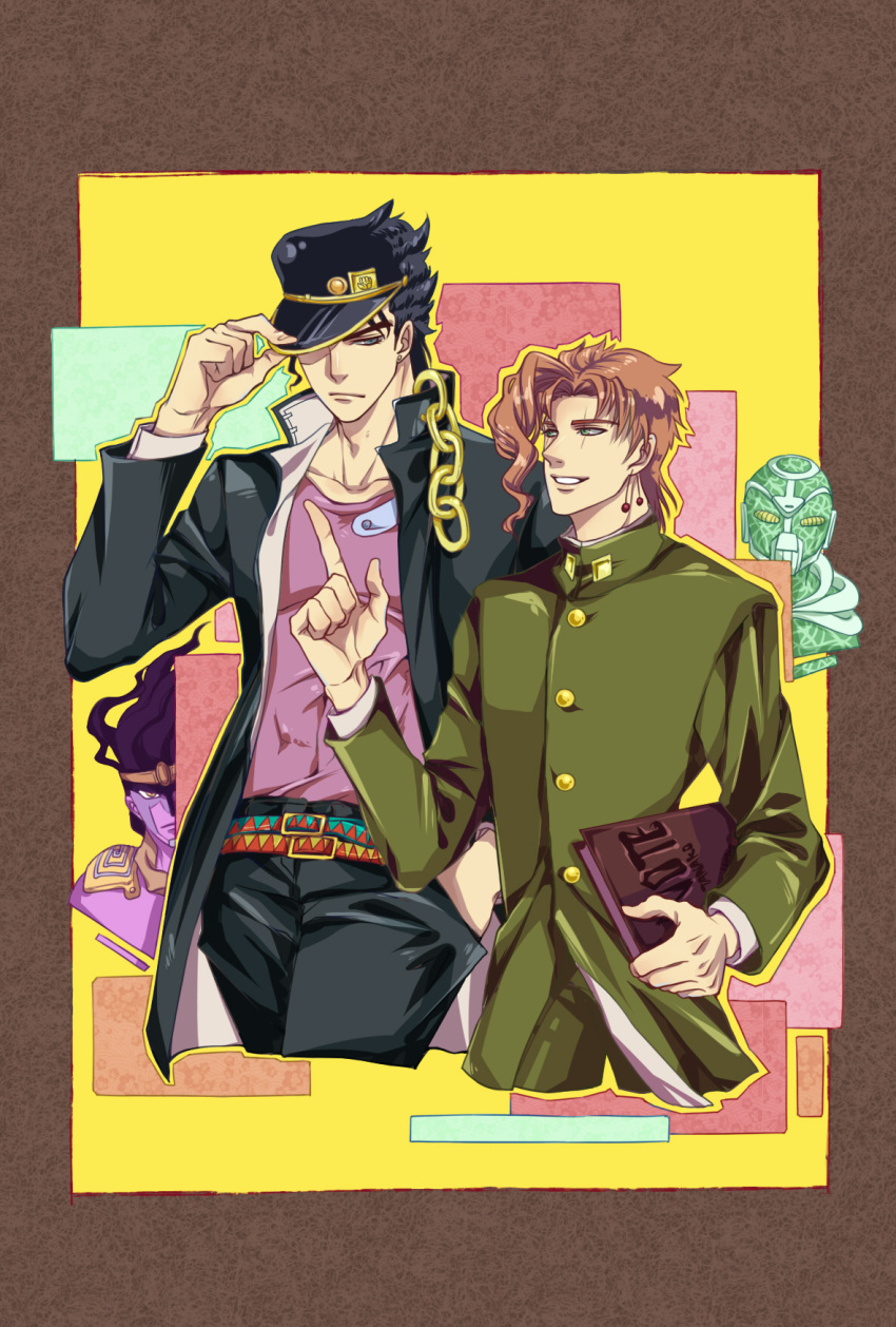 2boys, adjusting_clothes, adjusting_hat, belt, black_hair, blue_eyes, book, brown_hair, chains, earrings, gakuran, green_eyes, hand_in_pocket, hat, hat_over_one_eye, hierophant_green, highres, holding, holding_book, index_finger_raised, jewelry, jojo_no_kimyou_na_bouken, kakyouin_noriaki, kuujou_joutarou, male_focus, multiple_boys, scar, scar_across_eye, school_uniform, smile, stand_(jojo), star_platinum, stud_earrings, tanako_(645316096)