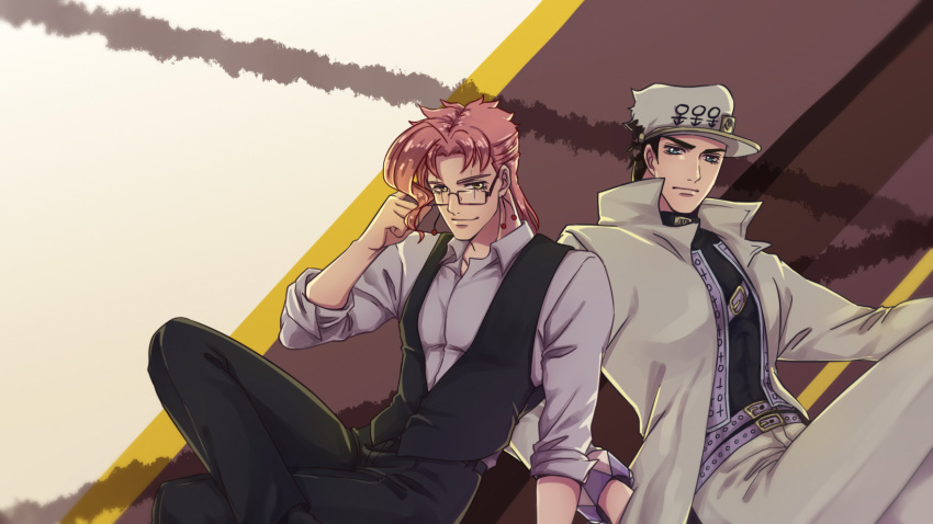 2boys, adjusting_glasses, black_hair, blue_eyes, coat, earrings, glasses, hand_in_pocket