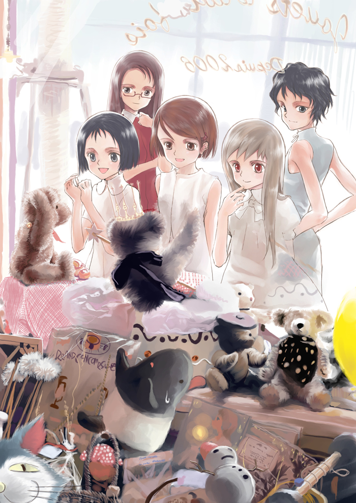 akanegi_atsuko, asahina_kyouko, glasses, kita_e, mocha, sakuramachi_yuuko, shiraishi_karin, stuffed_animal