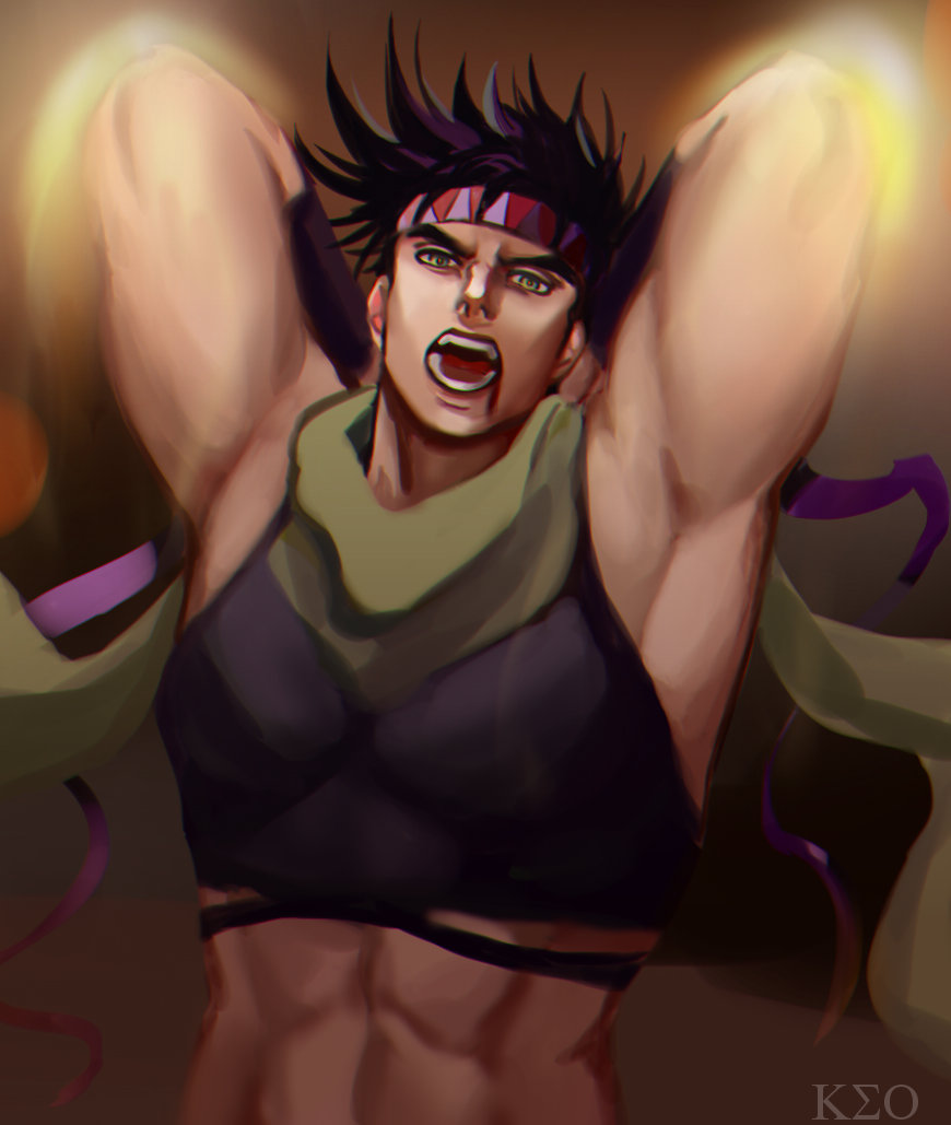 1boy, abs, arms_up, blood, blood_from_mouth, crop_top, glowing, green_eyes