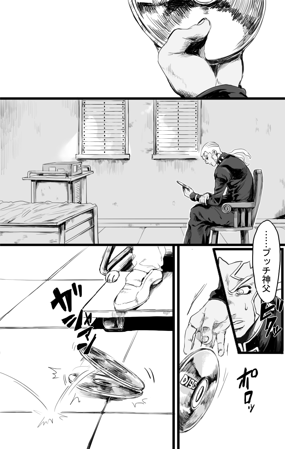 1boy, araki_hirohiko_(style), cd, chair, comic, enrico_pucci, highres, jojo_no_kimyou_na_bouken, koke330, male_focus, monochrome, motion_lines, ponytail, sitting, sweatdrop, table