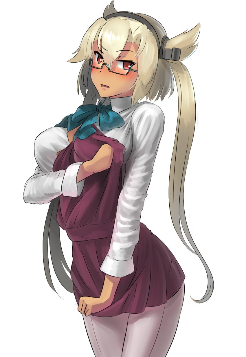 1girl, alternate_costume, ao_iro, blush, bow, bowtie, breast_hold, breasts