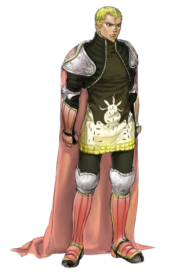 1boy, armor, blonde_hair, cape, facial_hair, final_fantasy, final_fantasy_tactics, gloves, goatee, muhamado, short_hair, solo, zalbaag_beoulve