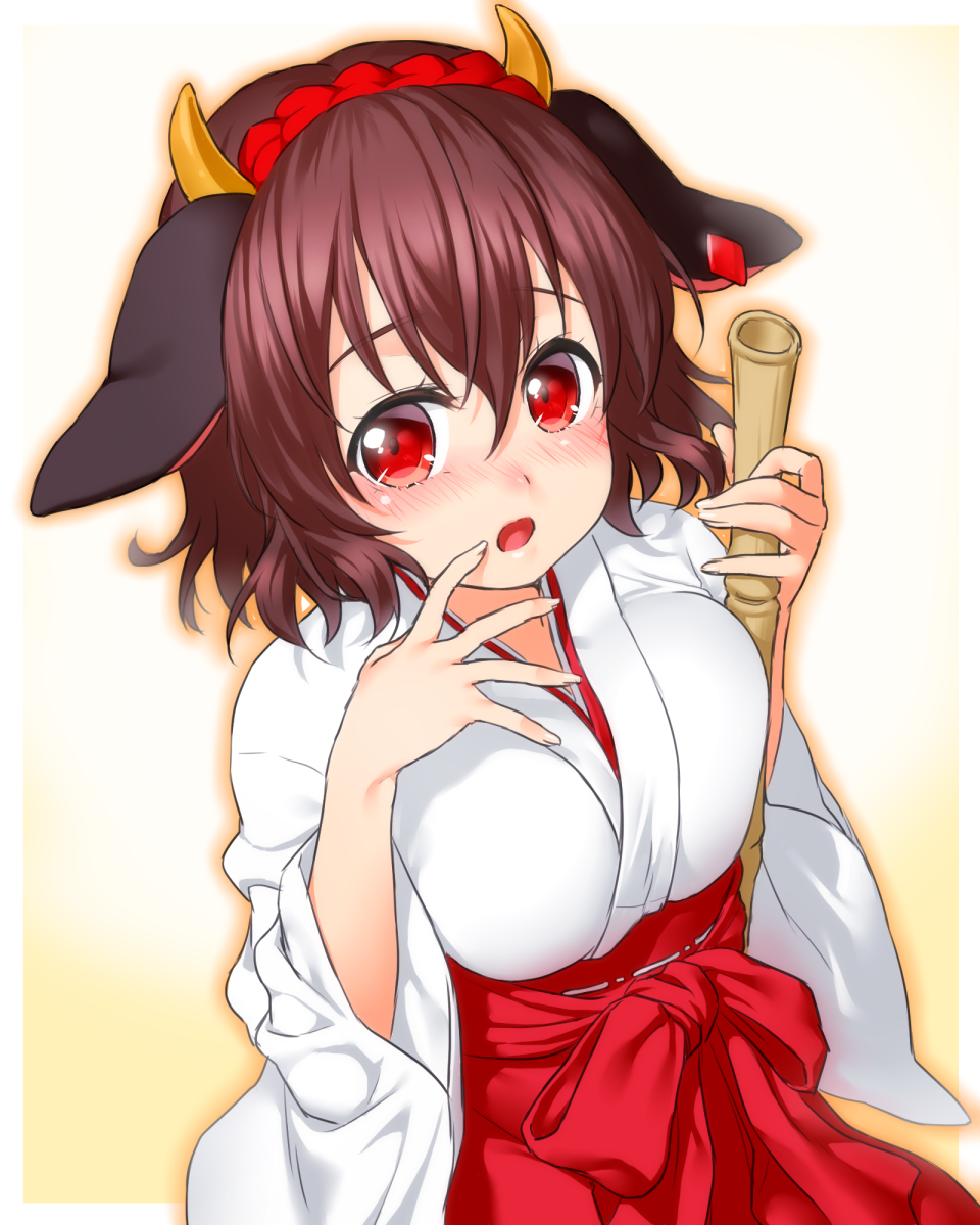1girl, :o, animal_ears, bamboo_broom, bangs, blush, breasts, broom