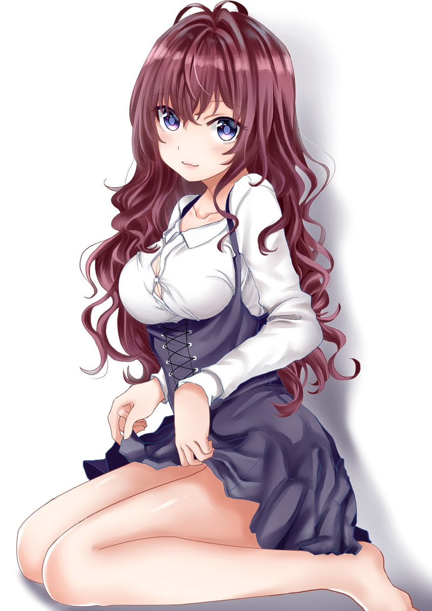 1girl, :3, antenna_hair, bangs, barefoot, blue_eyes, blush, breasts