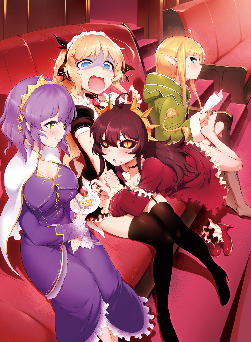 4girls, :o, ahoge, bangs, bare_legs, bare_shoulders, barefoot, black_boots
