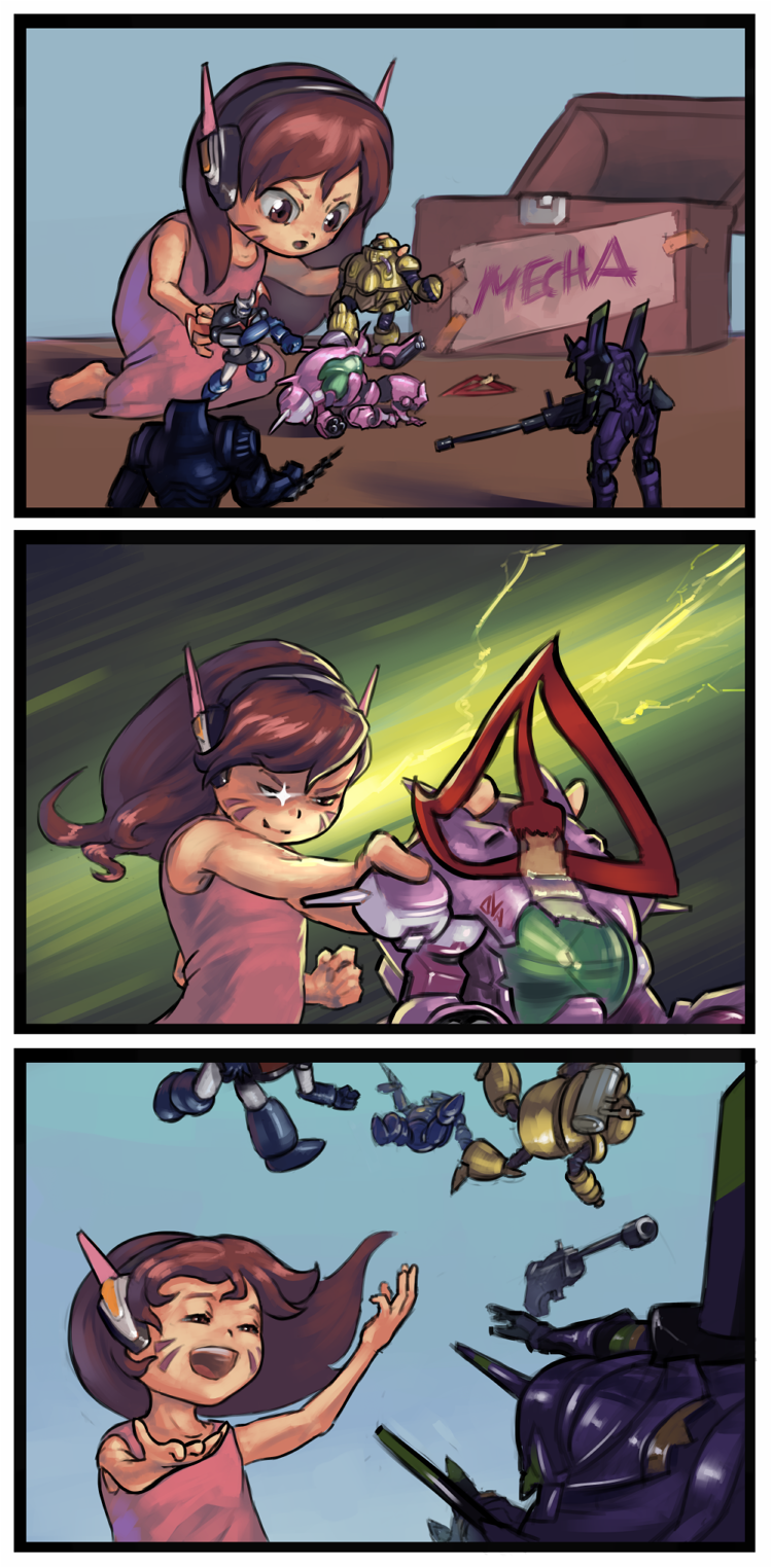 1girl, 3koma, barefoot, brown_eyes, brown_hair, cameo, child, chrono_trigger, comic, d.va_(overwatch), dress, eva_01, gipsy_danger, glv, great_mazinger, great_mazinger_(robot), grin, happy, headphones, highres, mazinger_z, mazinger_z_(mecha), meka_(overwatch), neon_genesis_evangelion, overwatch, pacific_rim, pink_dress, playing_games, robo, smile, solo, toy, younger