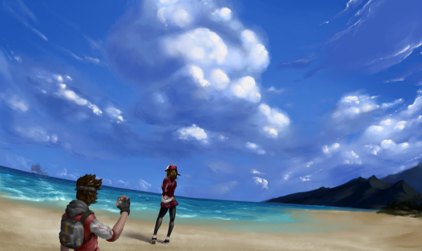 1boy, 1girl, backpack, bag, baseball_cap, beach, black_hair, black_legwear