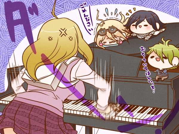 2boys, 2girls, ahoge, akamatsu_kaede, amami_rantarou, anger_vein, angry, backpack