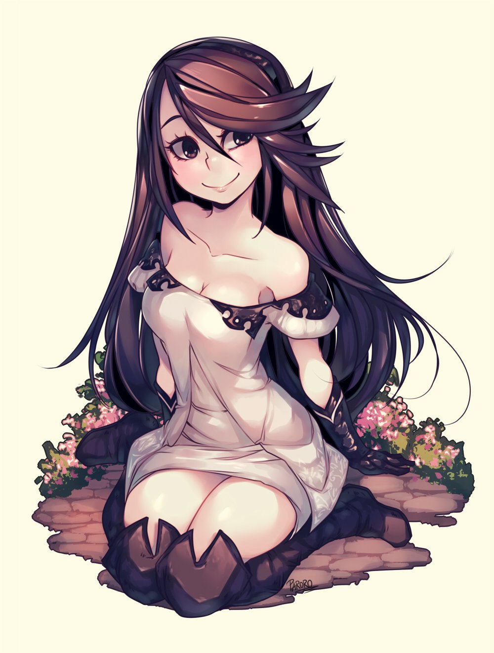 1girl, agnes_oblige, boots, bravely_default:_flying_fairy, bravely_default_(series), breasts, cleavage, collarbone, flower, gloves, highres, long_hair, looking_at_viewer, maximiliano_cabrera, smile, solo, strapless, thigh-highs, thigh_boots