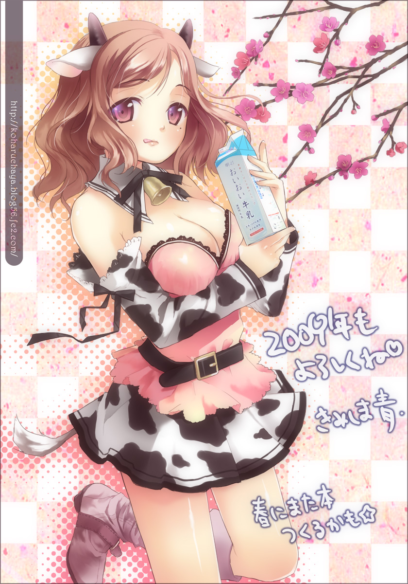 animal_ears, bell, belt, boots, breasts, brown_hair, cherry_blossoms, cleavage