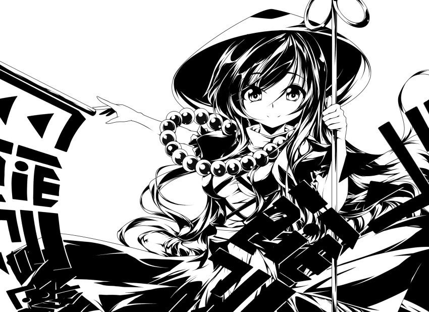 1girl, beads, breasts, hat, highres, hijiri_byakuren, monochrome, oushi