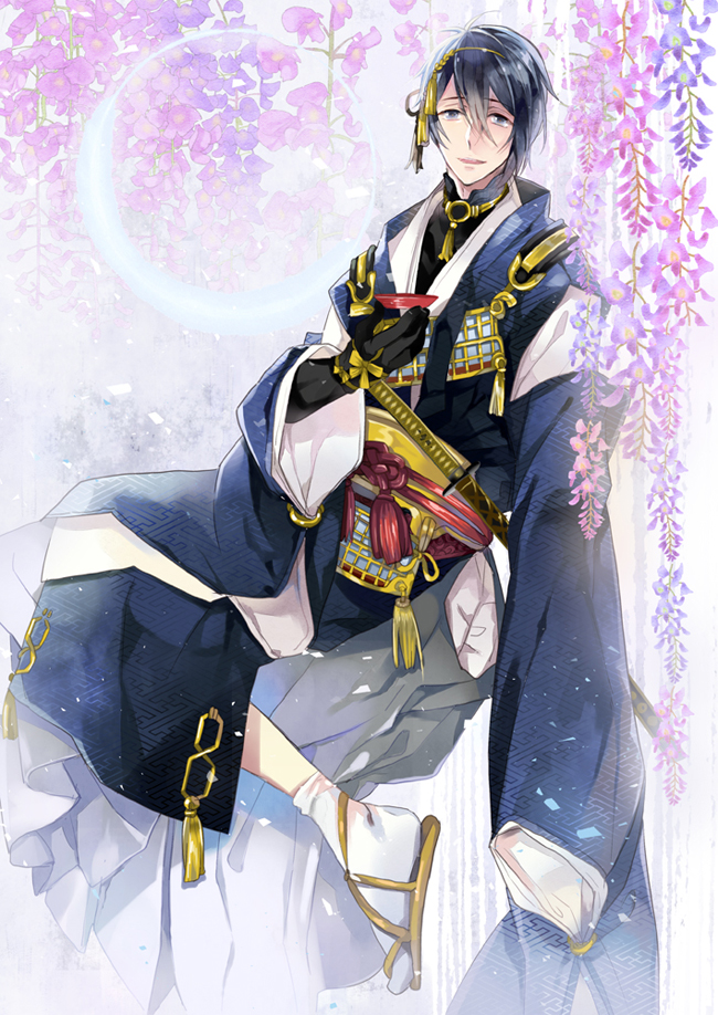1boy, black_gloves, blue_eyes, blue_hair, crescent_moon, cup, flower, gloves, hakama, japanese_clothes, lilac, male_focus, mikazuki_munechika, moon, nechi774, open_mouth, sakazuki, sandals, sayagata, smile, tabi, touken_ranbu