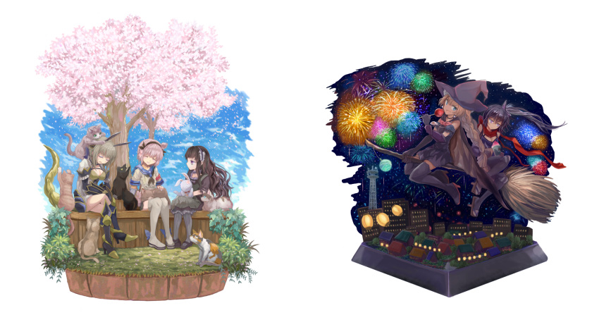 5girls, :/, :d, ^_^, animal, animal_on_head, armband, armor