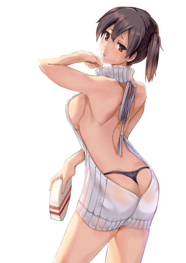 1girl, alternate_costume, armadillo-tokage, ass, backless_outfit, bare_back, black_panties, box_of_chocolates, breasts, brown_hair, butt_crack, clenched_teeth, commentary, dress, half-closed_eyes, halterneck, kaga_(kantai_collection), kantai_collection, looking_back, looking_down, no_bra, open-back_dress, panties, ribbed_sweater, side_ponytail, sideboob, solo, sweatdrop, sweater, sweater_dress, teeth, thong, turtleneck, turtleneck_sweater, underwear, virgin_killer_sweater, whale_tail