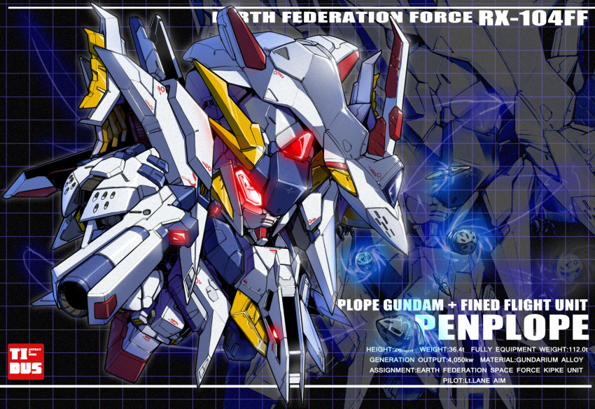 artist_name, beam_rifle, character_profile, chibi, energy_gun, english, funnels, glowing, glowing_eyes, gundam, gundam_hathaway's_flash, mecha, no_humans, penelope_(hathaway's_flash), pointing, pointing_weapon, profile, red_eyes, sd_gundam, tidus_(pride111708), weapon