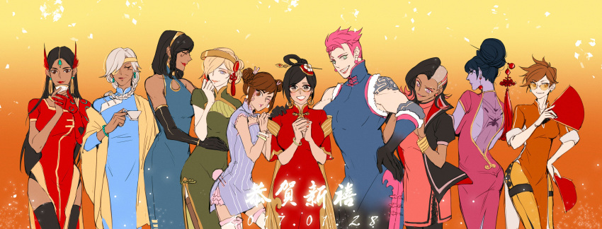 2017, 6+girls, :d, absurdres, adapted_costume, alternate_costume, alternate_glasses, alternate_hairstyle, ana_(overwatch), arm_tattoo, asymmetrical_hair, back_tattoo, bangs, bare_shoulders, bead_bracelet, beads, black_gloves, black_hair, black_jacket, black_legwear, blonde_hair, blue_dress, blue_eyes, blush, bodysuit, bracelet, braid, breasts, brown-framed_eyewear, brown_dress, brown_eyes, brown_hair, brown_legwear, brown_lipstick, bunny_hair_ornament, bunny_tail, china_dress, chinese, chinese_clothes, chinese_new_year, closed_eyes, closed_mouth, collarbone, cowboy_shot, cup, cyborg, d.va_(overwatch), dark_skin, dated, double_bun, dress, earrings, elbow_gloves, eye_of_horus, eyebrows_visible_through_hair, eyepatch, facepaint, facial_mark, facial_tattoo, fan, feathers, fingernails, forehead_jewel, frilled_skirt, frills, from_behind, glasses, gloves, gradient, gradient_background, green_dress, green_eyes, grin, hair_bun, hair_feathers, hair_ornament, hair_over_one_eye, hair_rings, hair_stick, hair_tie, hair_tubes, hairband, hand_on_another's_hip, hand_on_another's_shoulder, hand_on_hip, hands_together, hands_up, headgear, highres, holding, holding_cup, holding_fan, hoop_earrings, jacket, jewelry, legs_together, lipstick, long_dress, long_hair, looking_back, makeup, mascara, mechanical_arm, mechanical_halo, medium_breasts, mei_(overwatch), mercy_(overwatch), multicolored_hair, multiple_girls, muscle, muscular_female, nail_polish, necklace, new_year, old_woman, one_eye_closed, open-back_dress, open_clothes, open_jacket, open_mouth, orange_nails, overwatch, pantyhose, pelvic_curtain, pharah_(overwatch), pink_dress, pink_hair, pink_lips, puffy_short_sleeves, puffy_sleeves, purple_dress, purple_hair, purple_lips, purple_skin, red_dress, red_lips, red_lipstick, sagacanon0511, scar, semi-rimless_glasses, shawl, short_dress, short_hair, short_sleeves, side_braids, side_slit, sidelocks, single_braid, skirt, sleeveless, sleeveless_dress, sleeves_rolled_up, smile, sombra_(overwatch), spider_tattoo, spiky_hair, stud_earrings, sunglasses, swept_bangs, symmetra_(overwatch), tail, tassel, tattoo, teacup, teeth, thigh-highs, thigh_strap, tracer_(overwatch), turtleneck, two-tone_hair, undercut, violet_eyes, whisker_markings, white_hair, white_legwear, widowmaker_(overwatch), zarya_(overwatch)