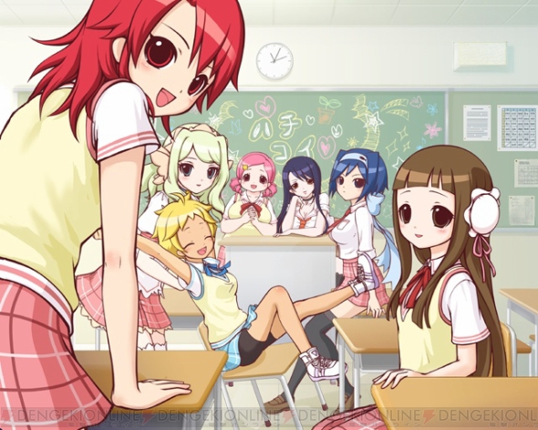 asou_akane, ayukawa_sayaka, black_hair, blonde_hair, blue_eyes, blue_hair, blush, brown_eyes, brown_hair, chalkboard, classroom, clock, female, green_hair, hachi_koi, hairband, kasugaoka_kurumi, kirishima_mirai, konishi_hina, long_hair, looking_back, maria_wallenstein, multiple_girls, pink_hair, plaid, plaid_skirt, red_eyes, red_hair, redhead, saeki_noa, school_uniform, shoes, short_hair, sitting, skirt, smile, sneakers, twintails, watermark