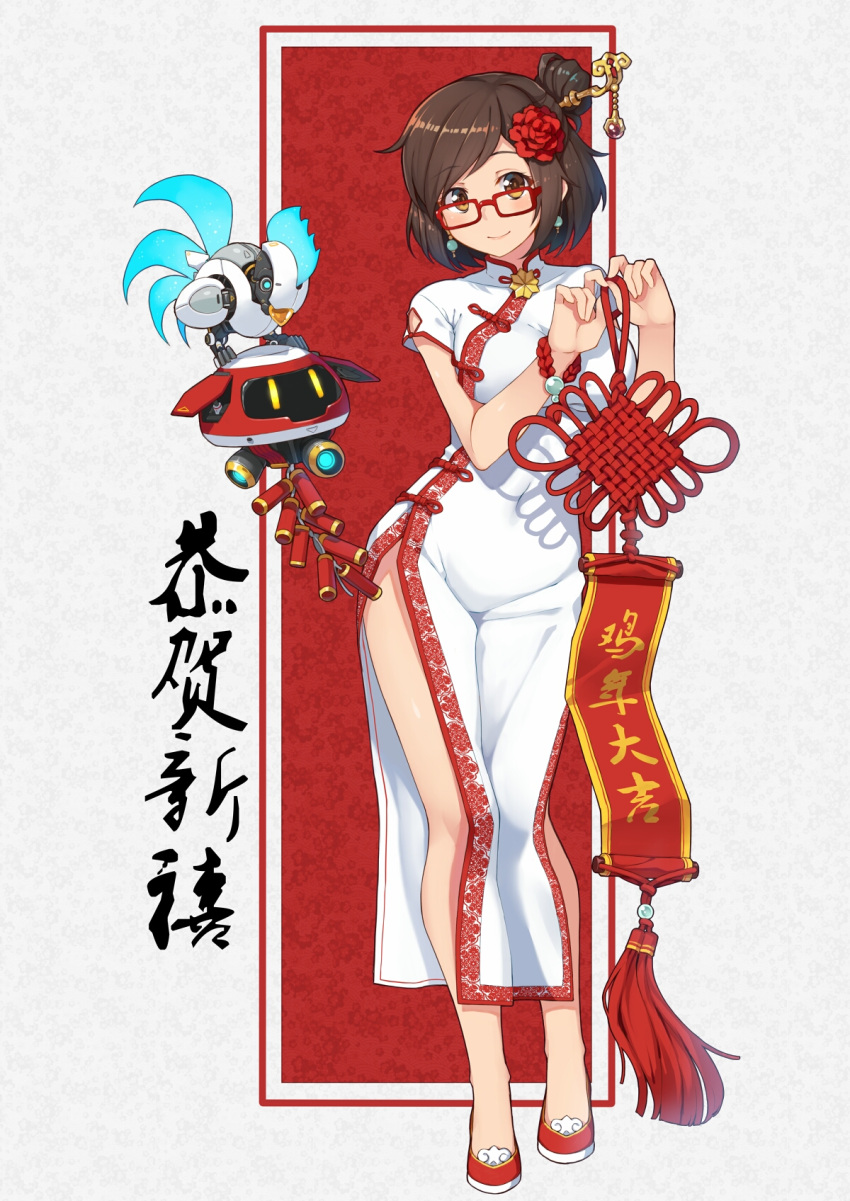 1girl, alternate_glasses, bird, blush, breasts, brown_eyes, brown_hair, chicken, china_dress, chinese_clothes, contrapposto, dress, drone, earrings, firecrackers, flower, full_body, glasses, hair_bun, hair_flower, hair_ornament, hair_stick, highres, holding, jewelry, light_smile, looking_at_viewer, mechanical_bird, medium_breasts, mei_(overwatch), nengajou, new_year, overwatch, patterned_background, red-framed_eyewear, red_shoes, robot, rooster, shoes, short_hair, short_sleeves, snowball_(overwatch), solo, standing, terras, translation_request, white_background, white_dress