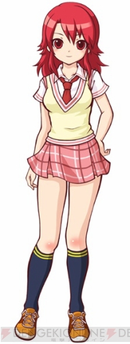 artist_request, asou_akane, black_legwear, female, hachi_koi, hand_on_hip, kneehighs, light_smile, necktie, plaid, plaid_skirt, red_eyes, red_hair, redhead, school_uniform, shoes, short_hair, skirt, smile, sneakers, socks, solo, source_request, watermark