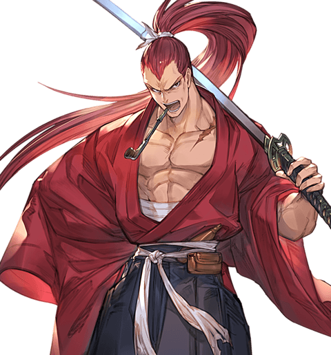 1boy, alpha_transparency, granblue_fantasy, hakama, hand_on_hip, japanese_clothes, katana, kibagami_genjuro