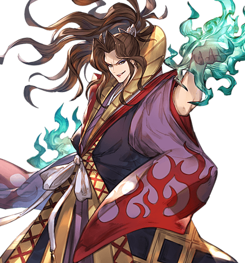 1boy, alpha_transparency, amakusa_shirou_tokisada, blue_fire, brown_hair, fire, granblue_fantasy, japanese_clothes, long_hair, male_focus, minaba_hideo, official_art, ponytail, samurai_spirits, smirk, solo, transparent_background