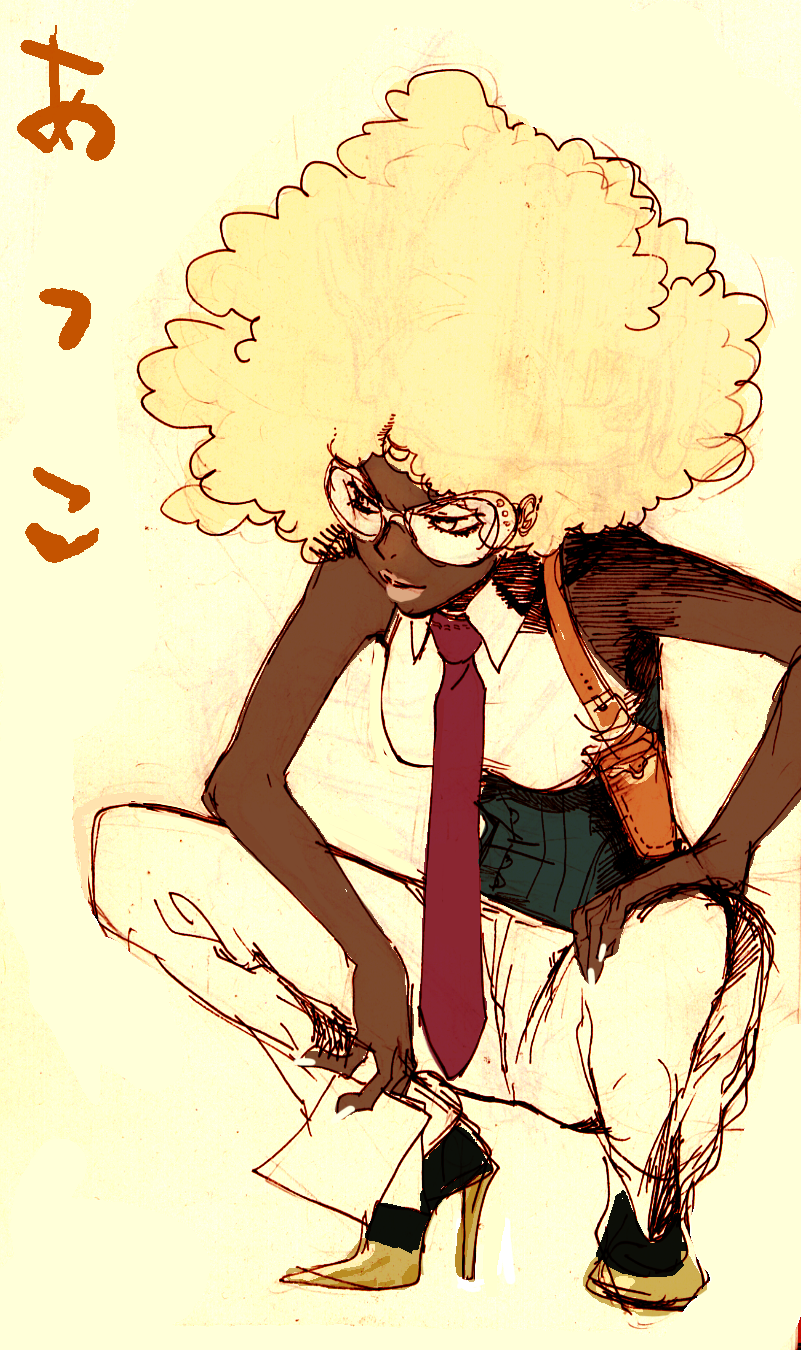 1girl, afro, artist_request, atsuko_jackson, blonde_hair, boots, dark_skin, glasses