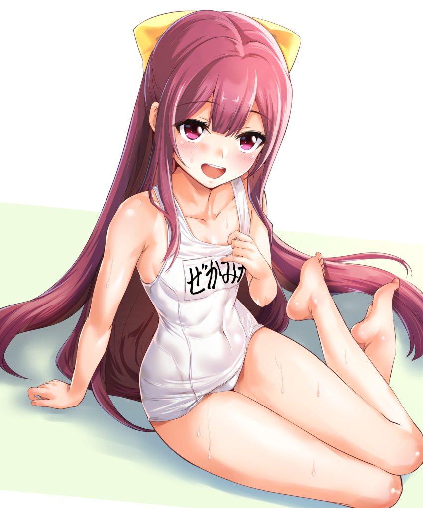 1girl, bangs, bare_legs, barefoot, blush, covered_navel, gradient_hair, hair_ribbon