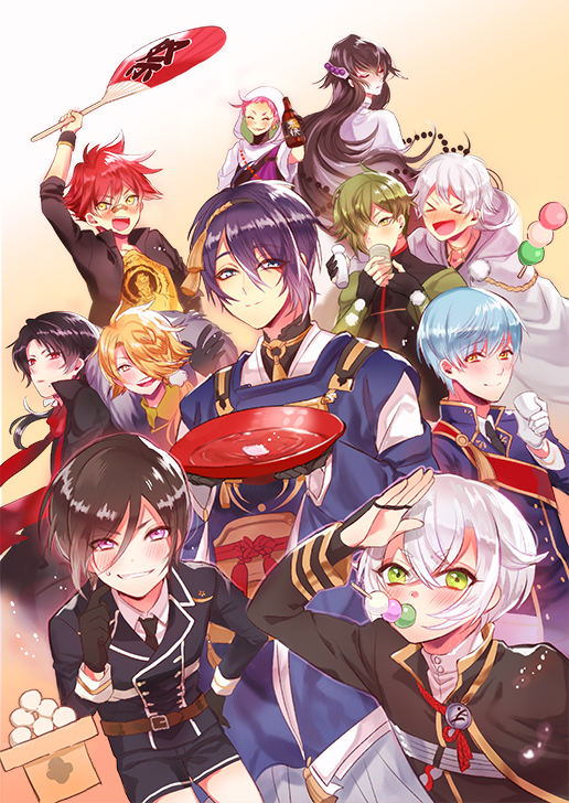 >_<, 6+boys, aizen_kunitoshi, aqua_hair, bandaid, bandaid_on_nose, beads, black_gloves, black_hair, blonde_hair, blue_eyes, blue_hair, blush, bottle, cape, closed_eyes, cup, dango, fan, food, gloves, green_eyes, green_hair, grin, hair_over_one_eye, hood, hotarumaru, ichigo_hitofuri, iwatooshi, japanese_clothes, juzumaru_tsunetsugu, kashuu_kiyomitsu, male_focus, mikazuki_munechika, military, military_uniform, mizita, mole, mole_under_mouth, mouth_hold, multiple_boys, necktie, open_mouth, paper_fan, ponytail, red_eyes, redhead, sakazuki, salute, sanshoku_dango, shishiou, shorts, silver_hair, smile, touken_ranbu, tsurumaru_kuninaga, uchiwa, uguisumaru, uniform, violet_eyes, wagashi, white_gloves, white_hair, yagen_toushirou, yellow_eyes, yunomi