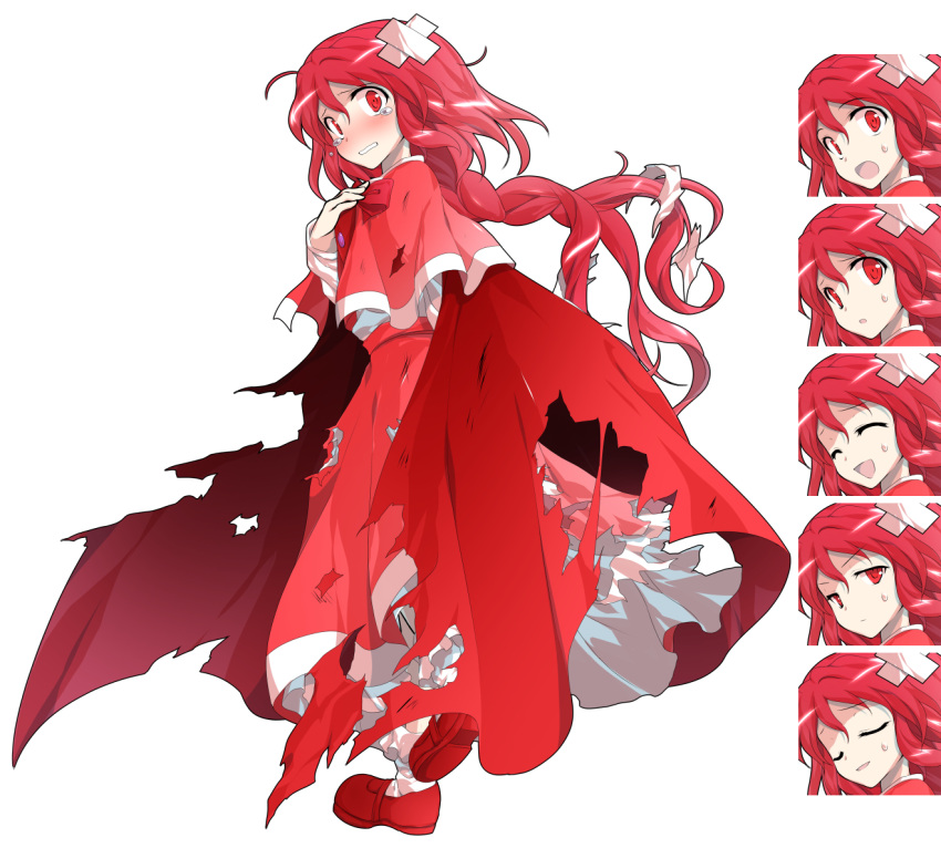 1girl, :d, bandaid, bangs, braid, cape, capelet, closed_eyes, closed_mouth, commentary_request, crossed_bandaids, dairi, eyebrows_visible_through_hair, frills, from_side, hair_between_eyes, hand_on_own_chest, long_hair, long_sleeves, looking_at_viewer, okazaki_yumemi, open_mouth, red_cape, red_eyes, red_shoes, redhead, shoes, simple_background, single_braid, smile, solo, sweat, tachi-e, torn_cape, torn_clothes, touhou, touhou_(pc-98), white_background