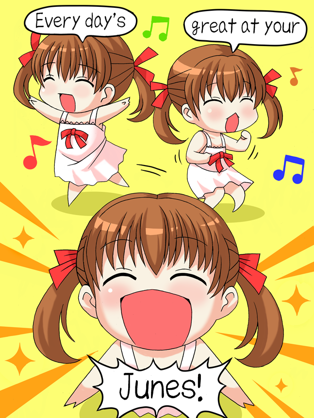 chibi, closed_eyes, dancing, doujima_nanako, hard_translated, konno_tohiro, musical_note, persona