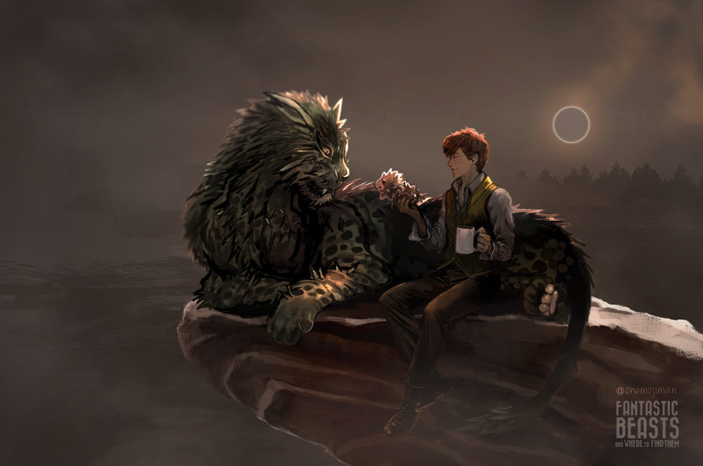 1boy, animal_ears, artist_name, boots, brown_hair, closed_eyes, copyright_name, fantastic_beasts_and_where_to_find_them