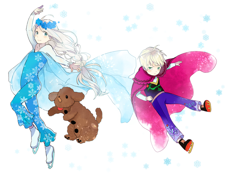 2boys, anna_(frozen), anna_(frozen)_(cosplay), blonde_hair, blue_eyes, blue_rose, braid, cape