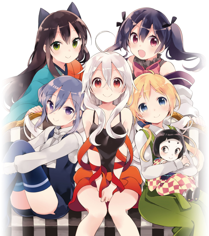 5girls, absurdres, ahoge, black_hair, black_shirt, blonde_hair, blue_eyes, chiya_(urara_meirochou), doll, green_eyes, hair_between_eyes, hair_ribbon, harikamo, highres, long_hair, matsuko_(urara_meirochou), mole, mole_under_eye, multiple_girls, natsume_nono, official_art, red_eyes, ribbon, shirt, silver_hair, tatsumi_kon, twintails, urara_meirochou, yukimi_koume