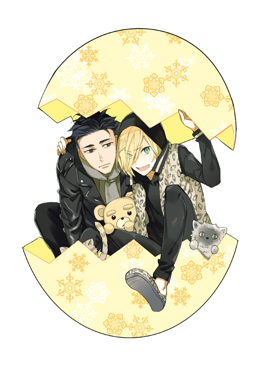 2boys, animal_print, black_hair, blonde_hair, brown_eyes, cat, coat, eggshell
