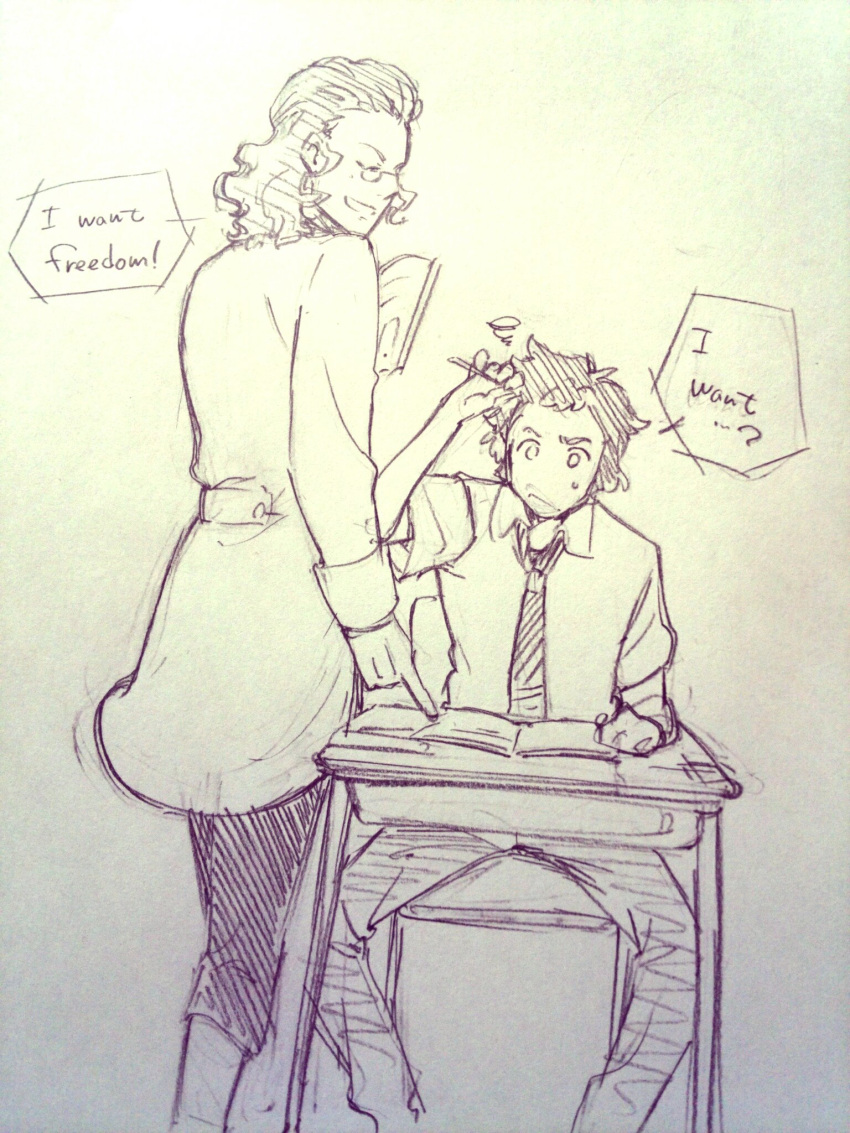 2boys, book, classicaloid, desk, english, franz_schubert_(classicaloid), glasses, graphite_(medium)