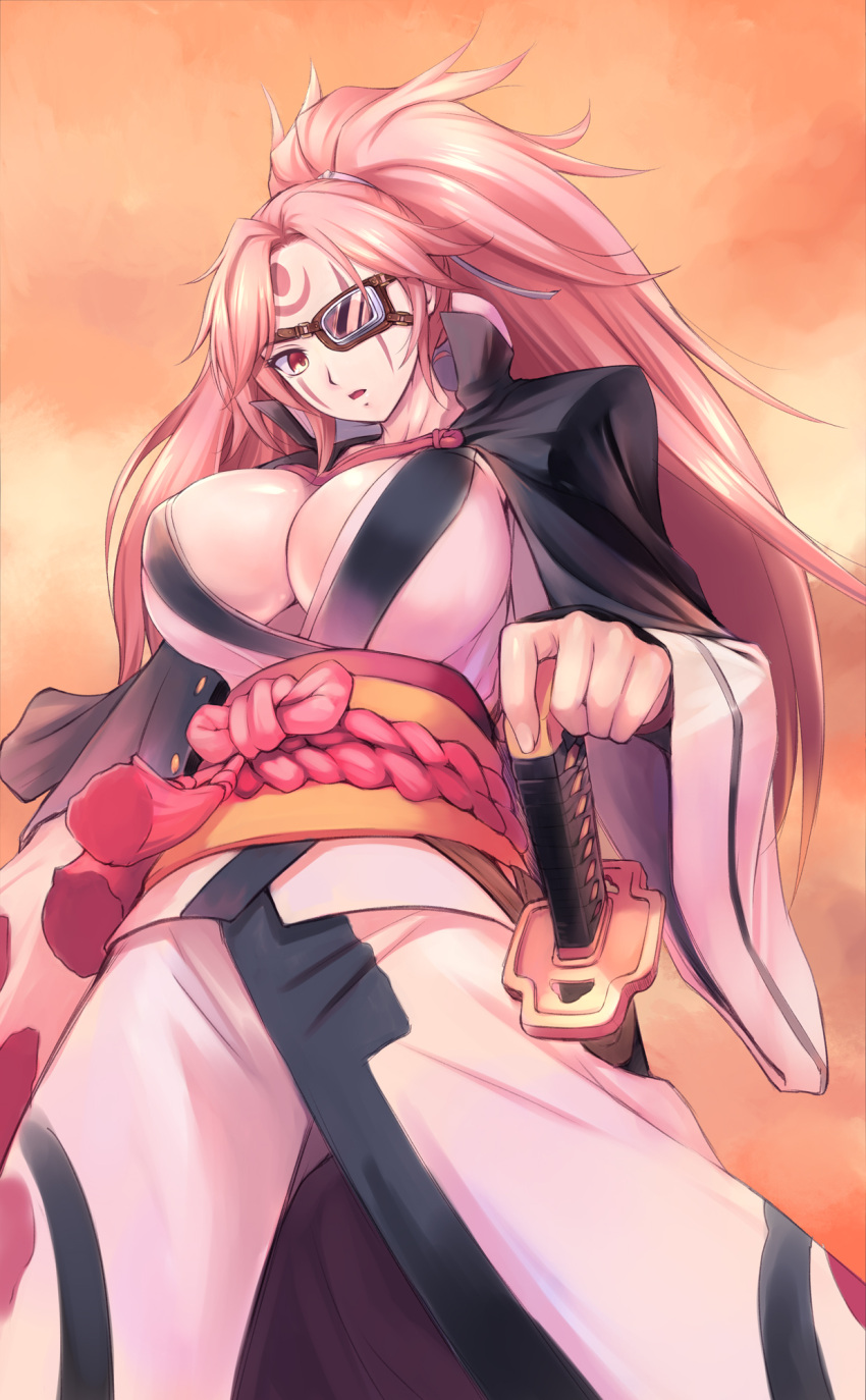 1girl, amei_sumeru, baiken, breasts, cleavage, eyepatch, goggles, guilty_gear
