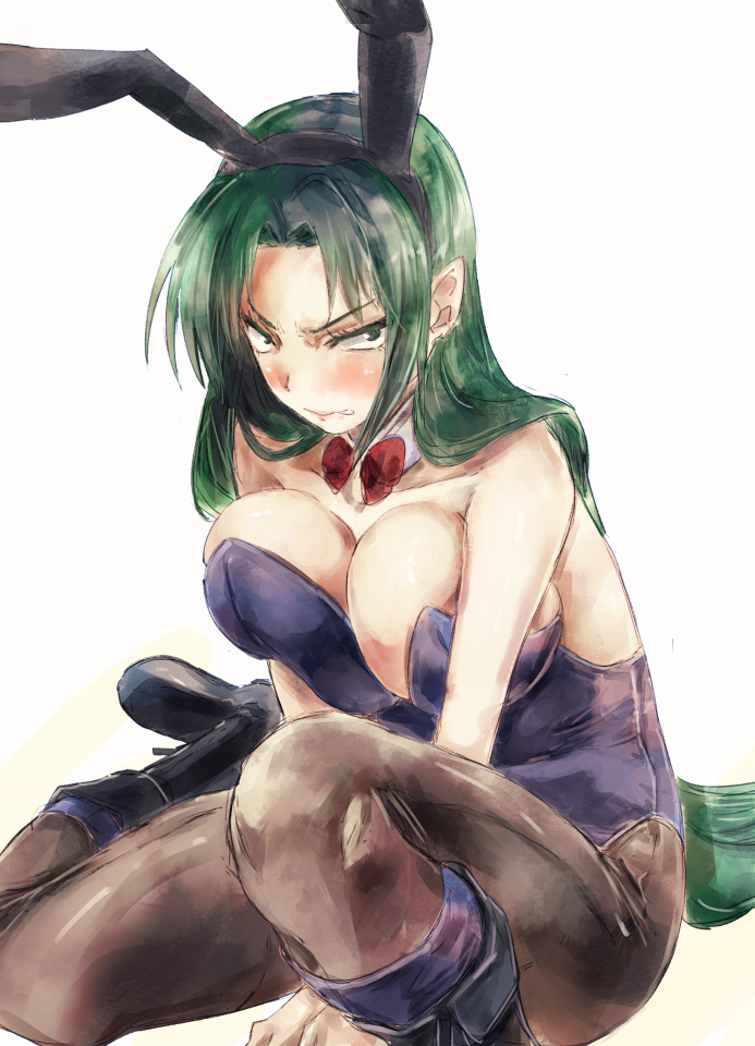 1girl, animal_ears, bare_shoulders, biting, boots, breasts, bunnysuit, detached_collar