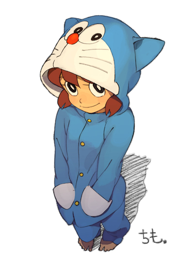 cosplay, doraemon, doraemon_(character), doraemon_(cosplay), from_above, hands_in_pockets, looking_up, minamoto_shizuka, pajamas, ryo_chimo, solo, twintails