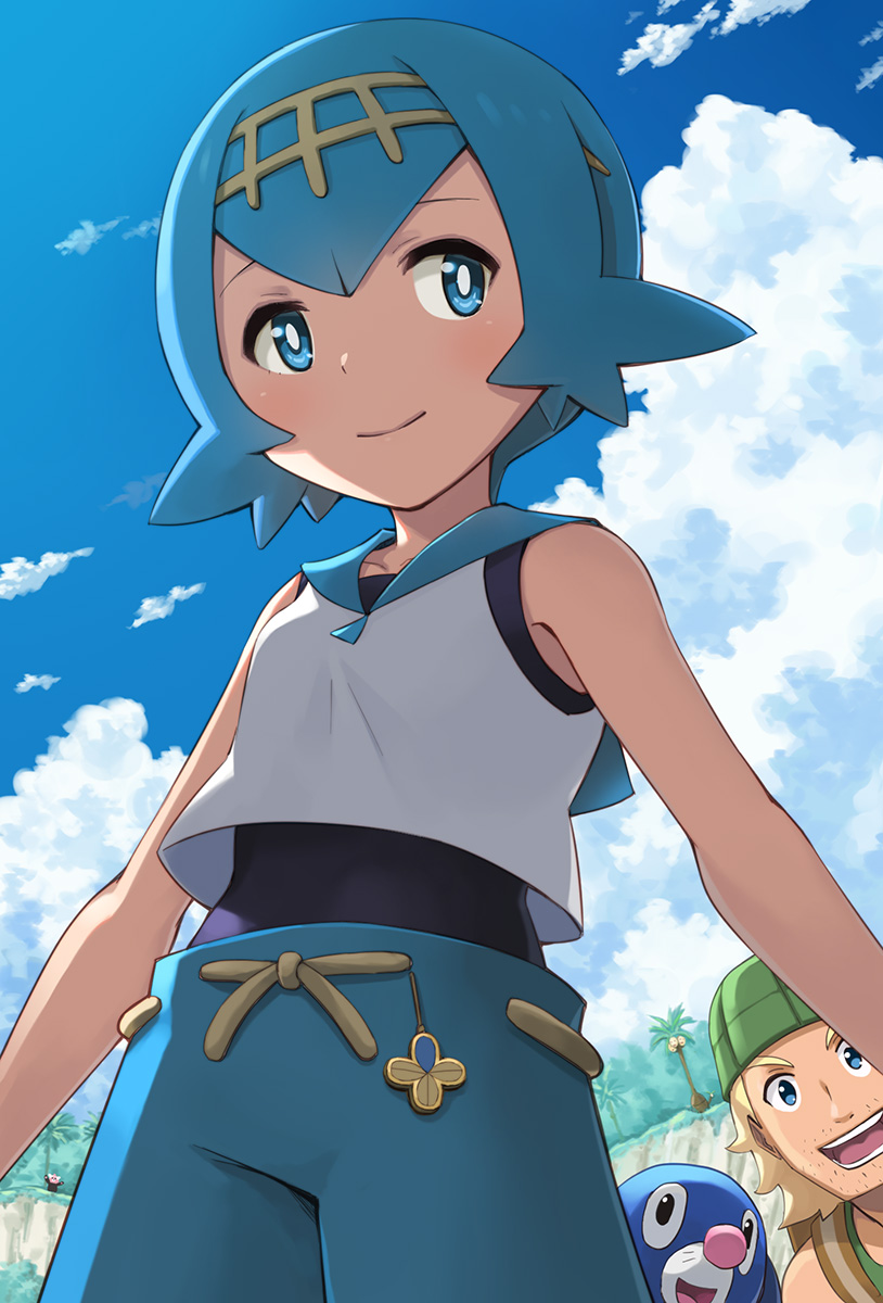 1boy, 1girl, alolan_exeggutor, bare_shoulders, beanie, bewear, blonde_hair, blue_eyes, blue_hair, blush, breasts, closed_mouth, clouds, covered_navel, day, hairband, half-closed_eyes, hashi, hat, highres, hiker_(pokemon), looking_to_the_side, one-piece_swimsuit, open_mouth, outdoors, pants, pokemon, pokemon_(game), pokemon_sm, popplio, sailor_collar, sailor_shirt, shirt, short_hair, sky, sleeveless, sleeveless_shirt, small_breasts, smile, suiren, suiren_(pokemon), swimsuit