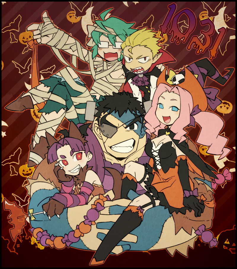 2girls, 3boys, animal_costume, arm_up, black_eyes, black_gloves, black_hair, blue_eyes, boots, breasts, bright_pupils, brown_background, brown_eyes, candy, cat_costume, cleavage, cosplay, dated, elbow_gloves, eyepatch, food, frankenstein's_monster, frankenstein's_monster_(cosplay), garter_straps, glasses, gloves, hair_intakes, halloween, halloween_costume, kametari_wakaichi, lollipop, long_hair, multiple_boys, multiple_girls, mummy, mummy_(cosplay), onizuka_momoko, opaque_glasses, original, oya_kohaku, pink_hair, pointy_ears, re:ar, rectangular_glasses, red_eyes, ryanpei, sharp_teeth, short_hair, simple_background, striped, striped_background, suzakuin_saki, teeth, thigh-highs, thigh_boots, tonogawachi_tatsuomi, witch