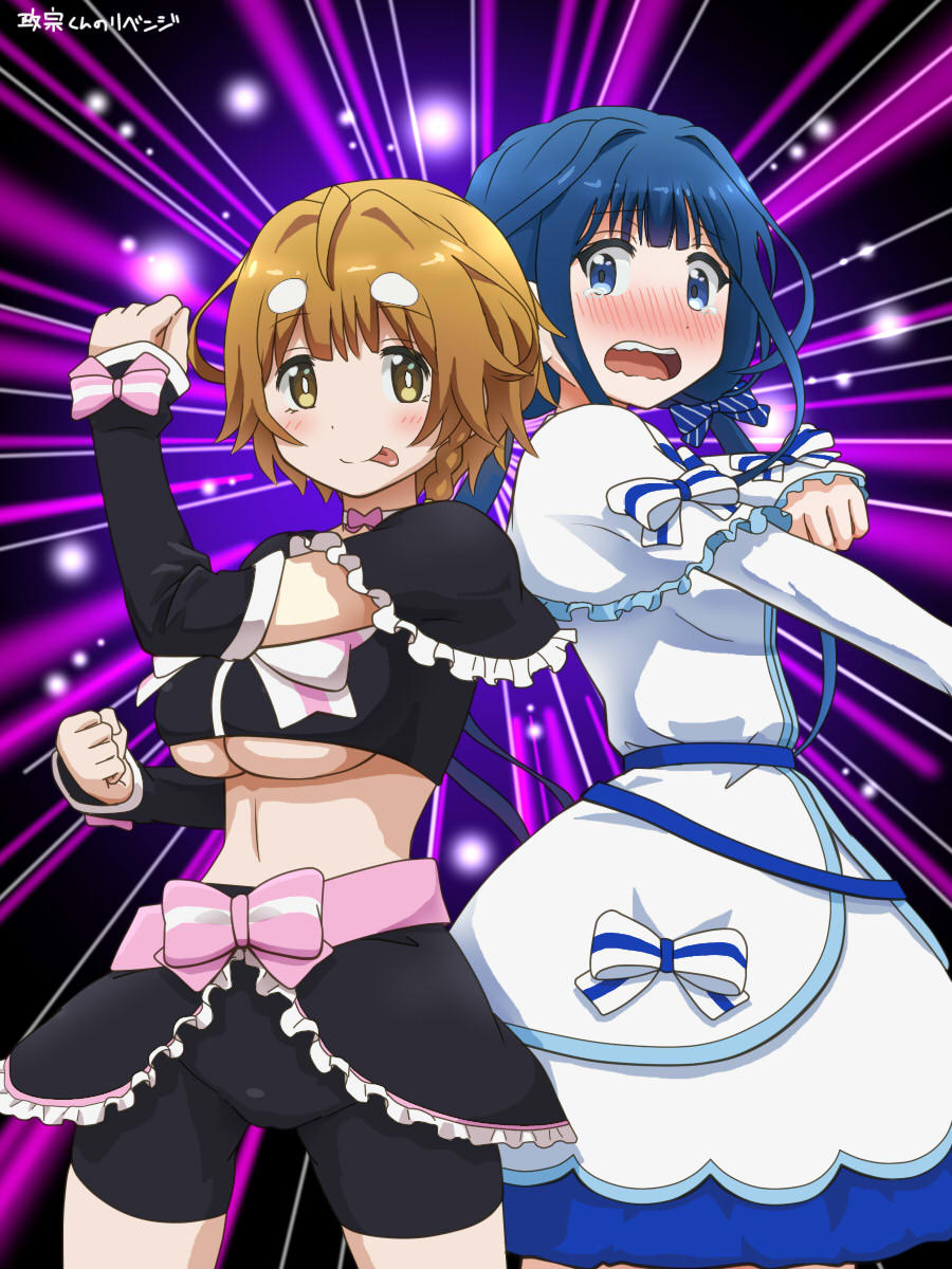 2girls, :p, adagaki_aki, awa, bike_shorts, blue_eyes, blue_hair, blush
