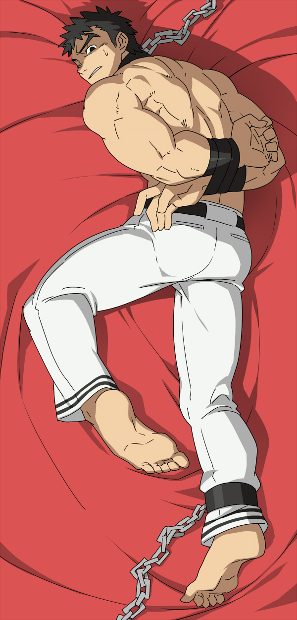 1boy, arms_behind_back, barefoot, black_eyes, black_hair, bound, bound_arms, chained