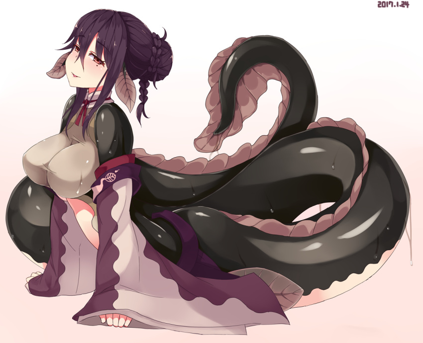 1girl, 2017, black_hair, braid, breasts, brown_eyes, dated, detached_collar, eel_girl, french_braid, full_body, hair_bun, head_fins, japanese_clothes, large_breasts, mermaid, mole, mole_under_eye, monster_girl, monster_girl_encyclopedia, sidelocks, simple_background, sleeves_past_wrists, solo, tinpam, unagi_jorou_(monster_girl_encyclopedia), wet, white_background, wide_sleeves