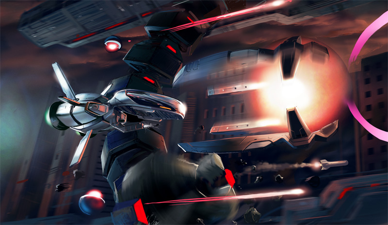 80s, arrowhead_(r-type), battle, bit_(r-type), building, debris, energy, energy_beam