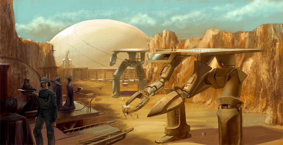 1boy, android, blue_sky, building, canyon, cape, city, cloak, clouds, cockpit, container, day, desert, dome, faceless, faceless_male, hat, helmet, hood, hooded_cloak, innocent_(xabungle), ladder, long_sleeves, mecha, noba, outdoors, pilot, pilot_suit, planet, railing, realistic, redesign, scenery, science_fiction, scientist, sentou_mecha_xabungle, sky, soldier, spoilers, standing, tunic, uniform, walker, walker_machine, wall
